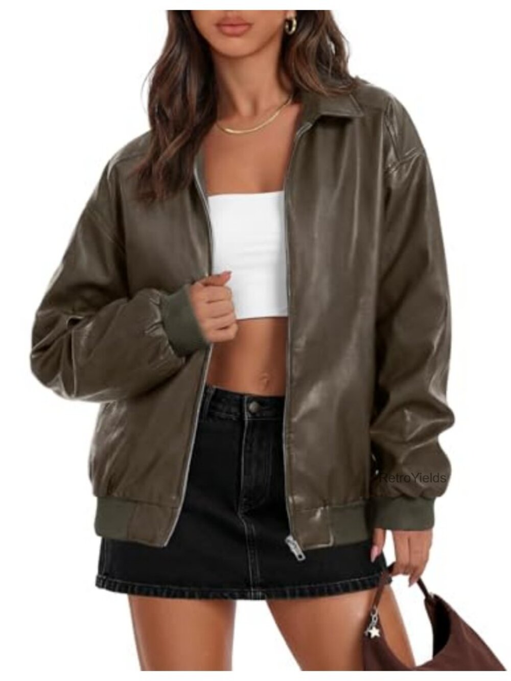 Oversized Faux Leather Bomber Moto Jacket Zip Up Women's Fall Winter Coat